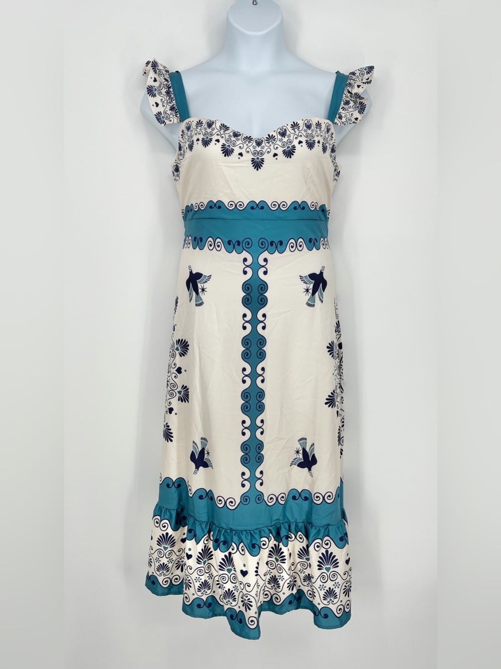 Dalia MacPhee NWT Tile Print Bird Mediterranean Ruffle Midi Dress Blue Ivory XL
